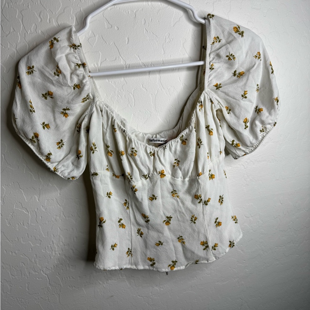Reformation Cream Puff Sleeve Cropped Floral Blouse